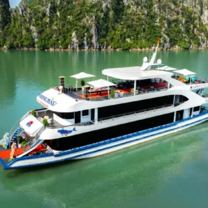 Aerial view of Harmony cruise ship gliding past towering limestone karsts on the Harmony Halong Bay day cruise tour