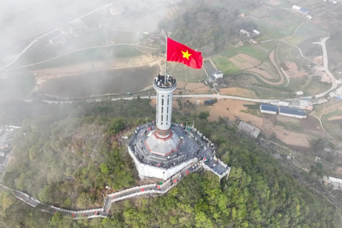 Aerial view of the Lung Cu Flag Tower with the Vietnamese national flag flying above Ha Giang's northern border