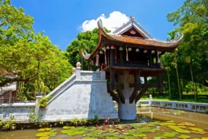 One Pillar Pagoda perched on a single stone column above a lotus pond in Hanoi